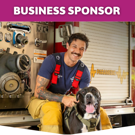 Button for becoming a business sponsor featuring Fireman and Brutus the dog