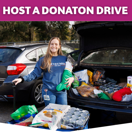 Button to more information on how to organize a donation drive featuring a person dropping off donations